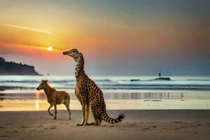 two giraffes standing on the beach at sunset. AI-Generated photo