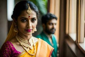 a beautiful indian bride in a yellow sari. AI-Generated photo