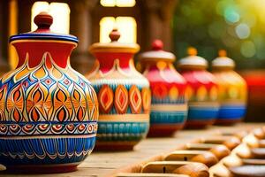 colorful vases are lined up on a wooden table. AI-Generated photo