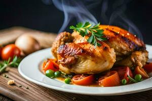 chicken with vegetables and tomatoes on a plate. AI-Generated photo