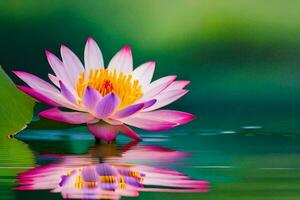 a pink lotus flower is reflected in the water. AI-Generated photo