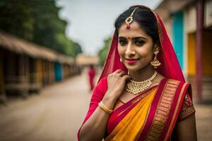 a woman in a traditional sari poses for a photo. AI-Generated photo