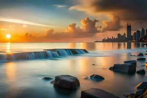the sun sets over the chicago skyline and water. AI-Generated photo