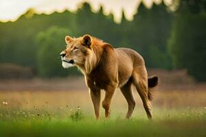 un león es caminando en el césped. generado por ai foto