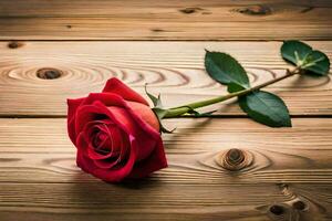 a single red rose on a wooden table. AI-Generated photo