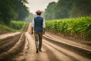 a man walking down a dirt road in front of a field of sugar cane. AI-Generated photo