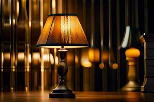 a lamp on a table in front of a wall. AI-Generated photo