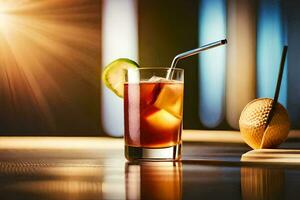 a glass of iced tea with a straw. AI-Generated photo