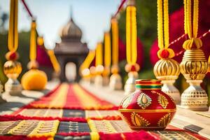 a red and gold pot sitting on a bridge. AI-Generated photo