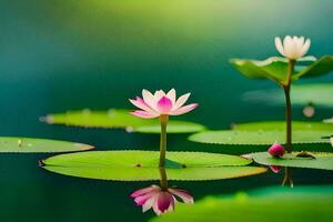 two pink lotus flowers are floating in the water. AI-Generated photo