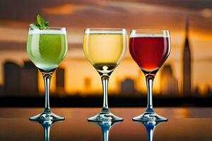 three glasses of different drinks with a city skyline in the background. AI-Generated photo