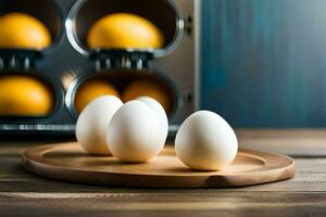 four eggs on a wooden cutting board. AI-Generated photo