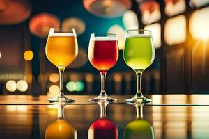 three glasses of different colored drinks on a table. AI-Generated photo