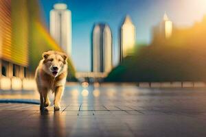 un perro caminando en un ciudad calle con edificios en el antecedentes. generado por ai foto