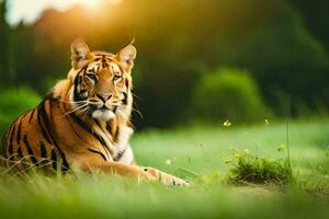 a tiger sitting in the grass with the sun in the background. AI-Generated photo