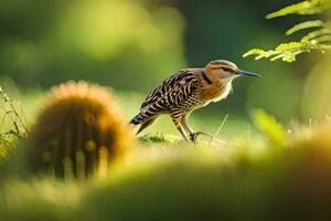 a bird is standing on the grass in the morning. AI-Generated photo