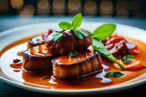 un plato de comida con carne y vegetales. generado por ai foto