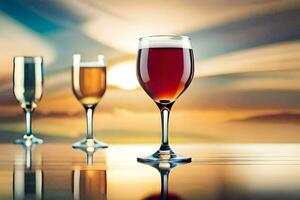 three glasses of wine on a table with a sunset in the background. AI-Generated photo