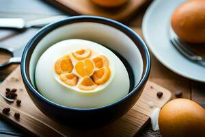 an egg in a bowl with a slice of orange. AI-Generated photo