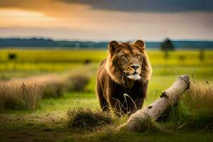a lion walks through a field at sunset. AI-Generated photo