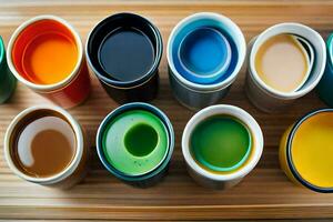 a group of colorful paint pots on a table. AI-Generated photo