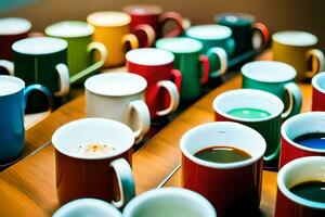 many different colored coffee cups are lined up on a table. AI-Generated photo
