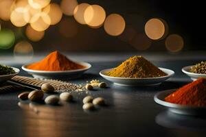 various spices and herbs in bowls on a table. AI-Generated photo