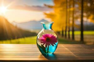 a blue vase with a pink flower sitting on a table. AI-Generated photo