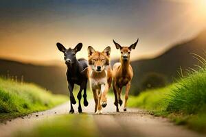 three deer running down a road. AI-Generated photo
