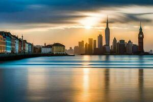 the city skyline of london is reflected in the water. AI-Generated photo