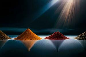 three different types of spices are shown in a row. AI-Generated photo