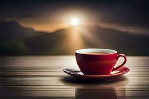 a cup of coffee on a wooden table with a view of the mountains. AI-Generated photo