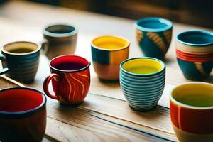 many colorful cups are lined up on a table. AI-Generated photo