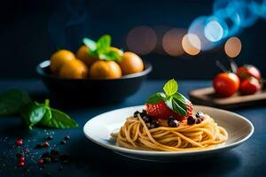 spaghetti with tomatoes and basil on a plate. AI-Generated photo