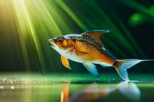 a fish is standing on the water with sunlight shining. AI-Generated photo
