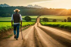 a man walking down a dirt road in the middle of a field. AI-Generated photo