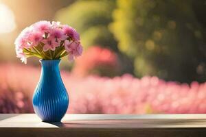 a blue vase with pink flowers on a table. AI-Generated photo