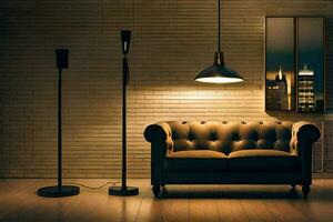 a room with a couch and lamp. AI-Generated photo