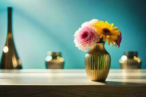 a vase with flowers on a table. AI-Generated photo