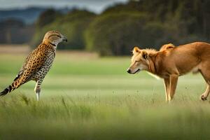 a dog and a cheetah in a field. AI-Generated photo