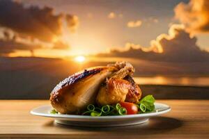 a roasted chicken on a plate with a sunset in the background. AI-Generated photo