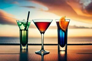 three cocktails on a table with sunset in the background. AI-Generated photo