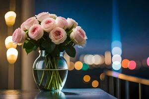 pink roses in a vase on a table in front of a city skyline. AI-Generated photo