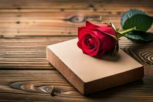 a single red rose is sitting on top of a book on a wooden table. AI-Generated photo