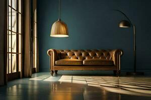 a leather couch in a room with blue walls. AI-Generated photo