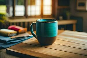 a coffee cup on a wooden table. AI-Generated photo