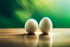 two eggs on a table with a green background. AI-Generated photo