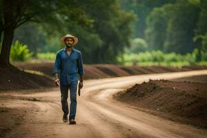 a man in a hat walks down a dirt road. AI-Generated photo