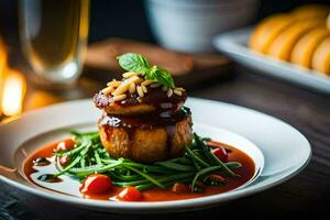 a plate of food with meat and vegetables on it. AI-Generated photo