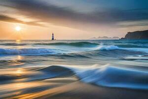 a lighthouse is seen in the distance as waves crash into the shore. AI-Generated photo